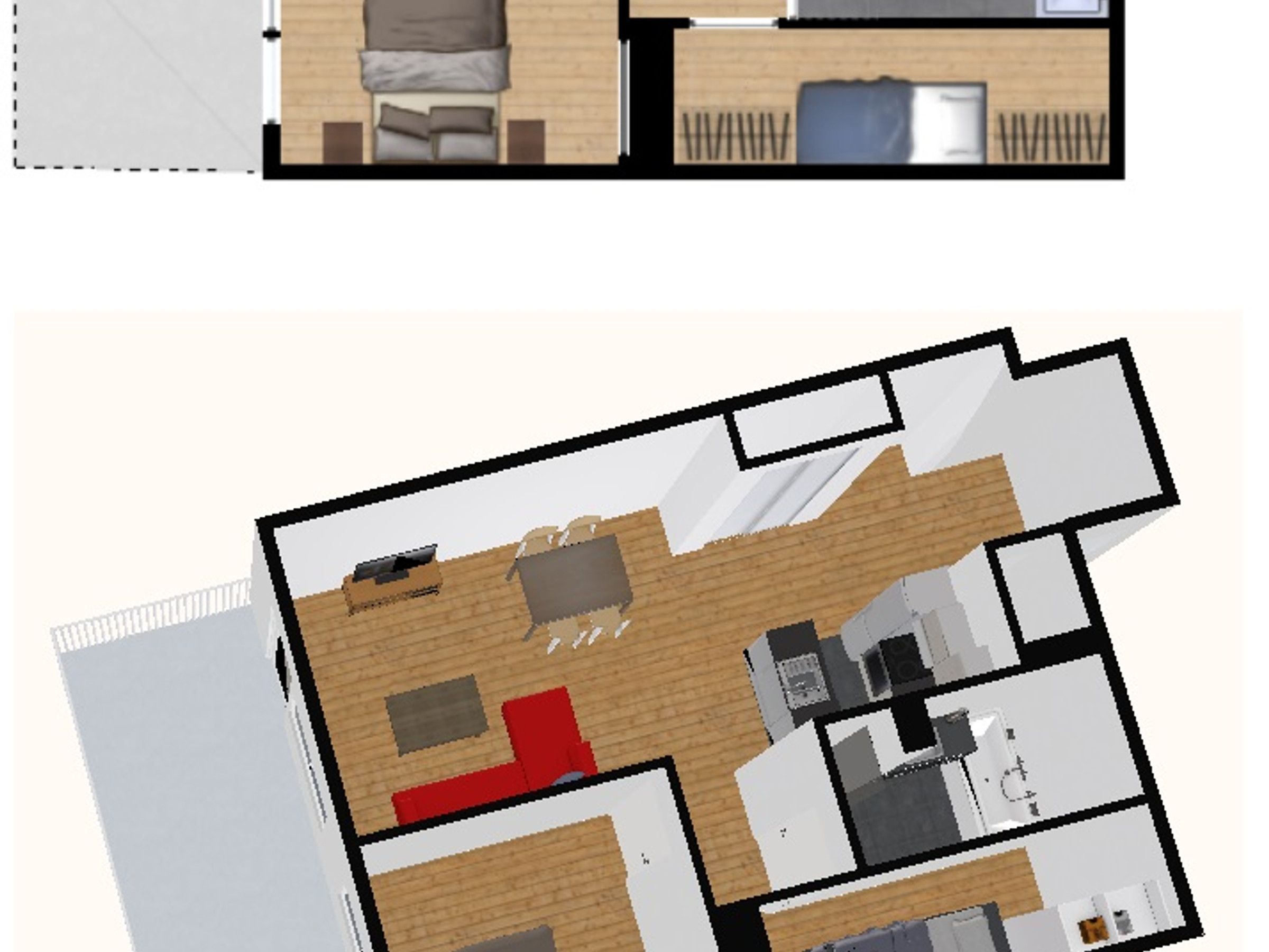 Un modèle 3D représentant l’aménagement d’une chambre d’hôtel, avec un lit, un coin salon et une kitchenette.
