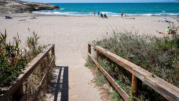 Une plage de sable avec une promenade en bois menant à l’eau, entourée de végétation.