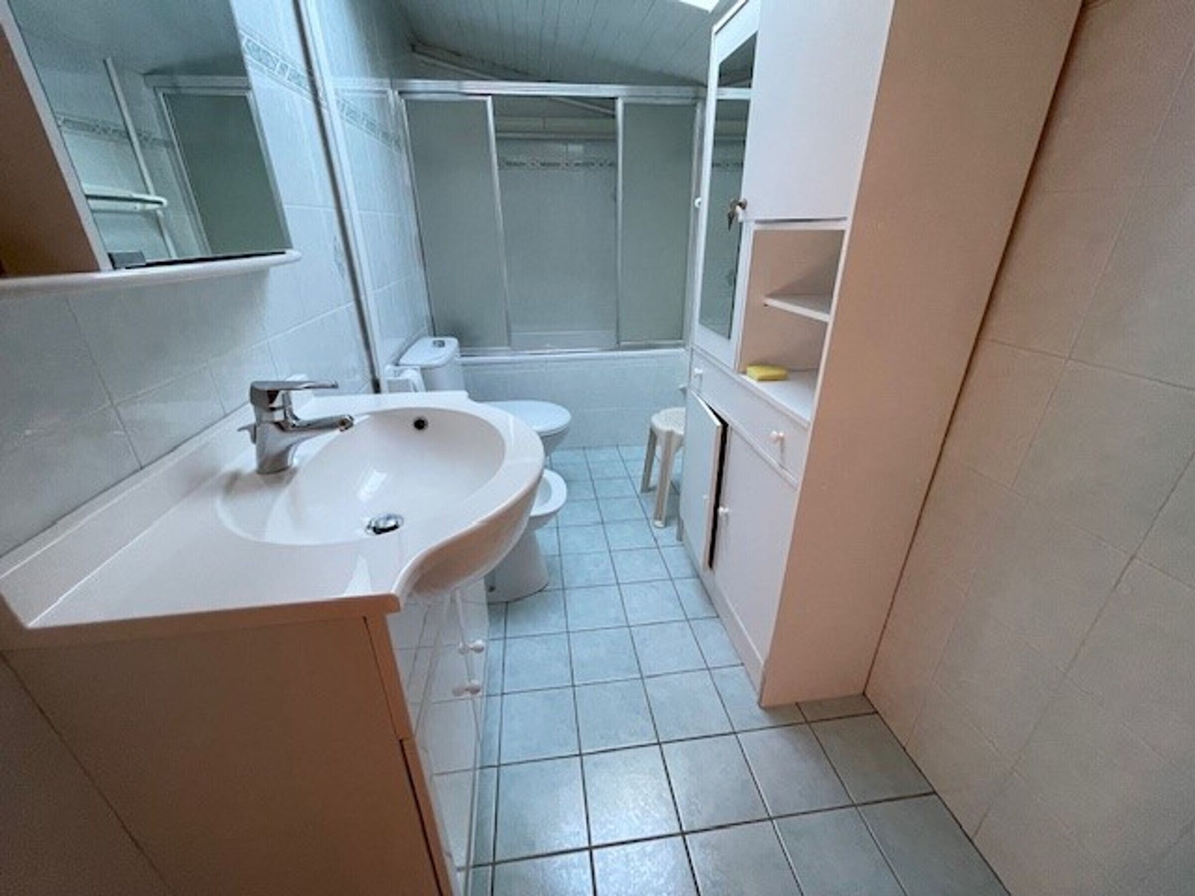 Un baño con lavamanos, inodoro y ducha.