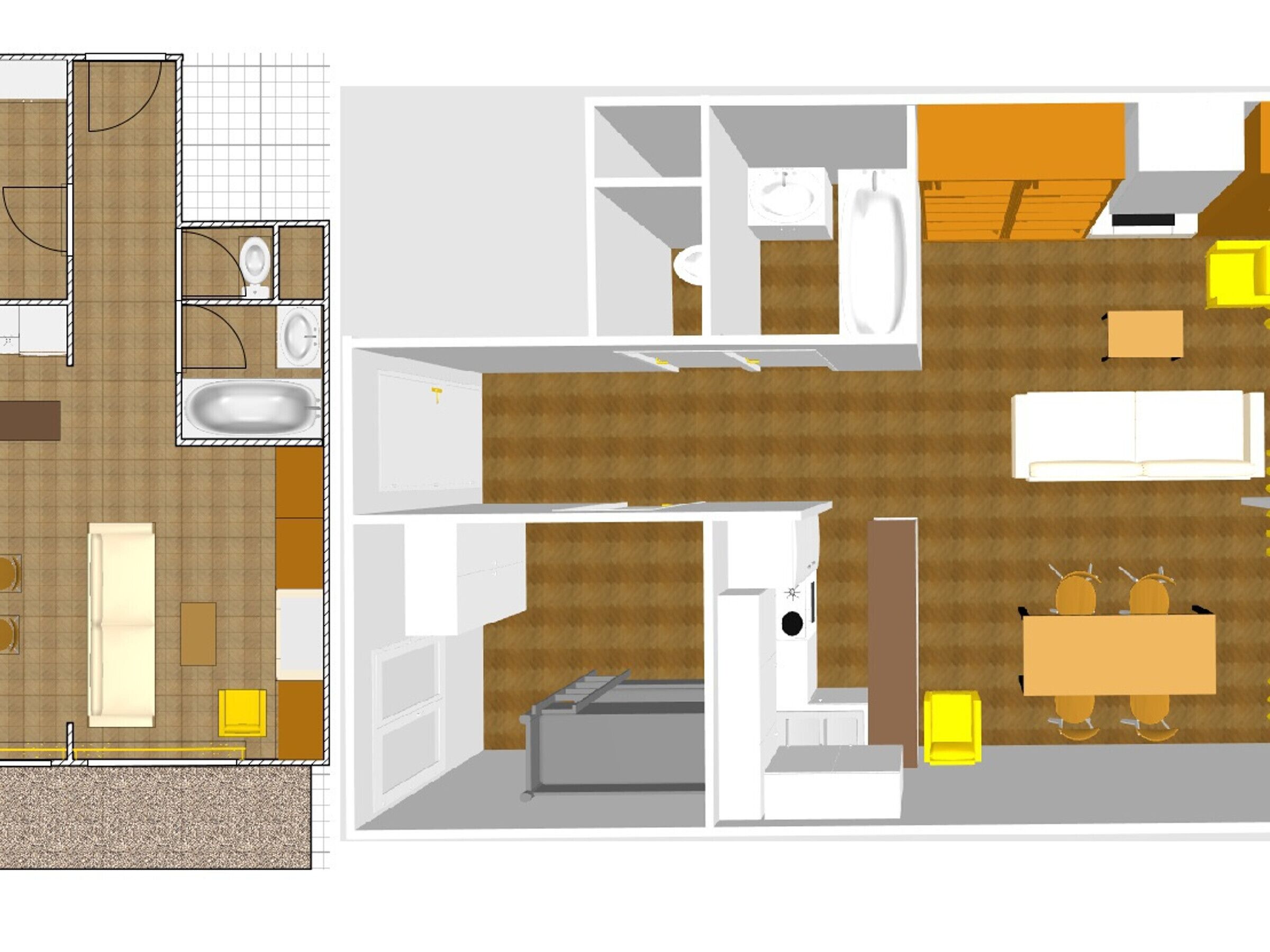 Distribución de una habitación de hotel con baño, kitchenette, comedor y sala de estar.