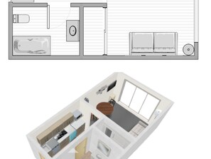 A 3D model of a hotel room with a bed, a desk, a chair, a wardrobe, and a bathroom. - Cozy Studio with Wifi in Central Location, Close to Slopes, Pets Welcome (Val-d'Isère)