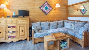 A wooden-paneled room with a sofa, a wooden cabinet, and a television.