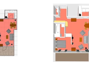A floor plan of a hotel room with a bed, a desk, a chair, a small table, and a wardrobe. - Bright studio with WiFi near the slopes (Val-d'Isère)