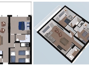 A hotel layout with multiple bedrooms, a living area, and a kitchen. - Charming, Fully Renovated Apartment with High-Quality Amenities, Ideal Location in Val-d'Isère (Val-d'Isère)