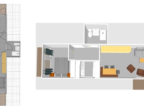 Un plan d’étage d’une chambre d’hôtel comprenant un coin cuisine, une salle de bain, un espace salon avec un canapé et des fauteuils, et une petite table.