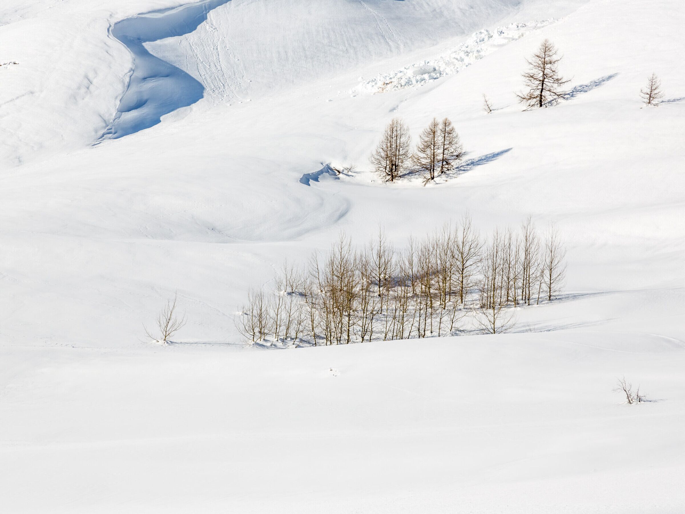 Paesaggio innevato con un fiume, alberi e cielo sereno.