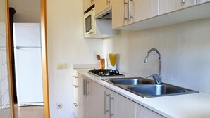Une cuisine équipée d’un évier à deux bacs, d’une cuisinière et de placards.