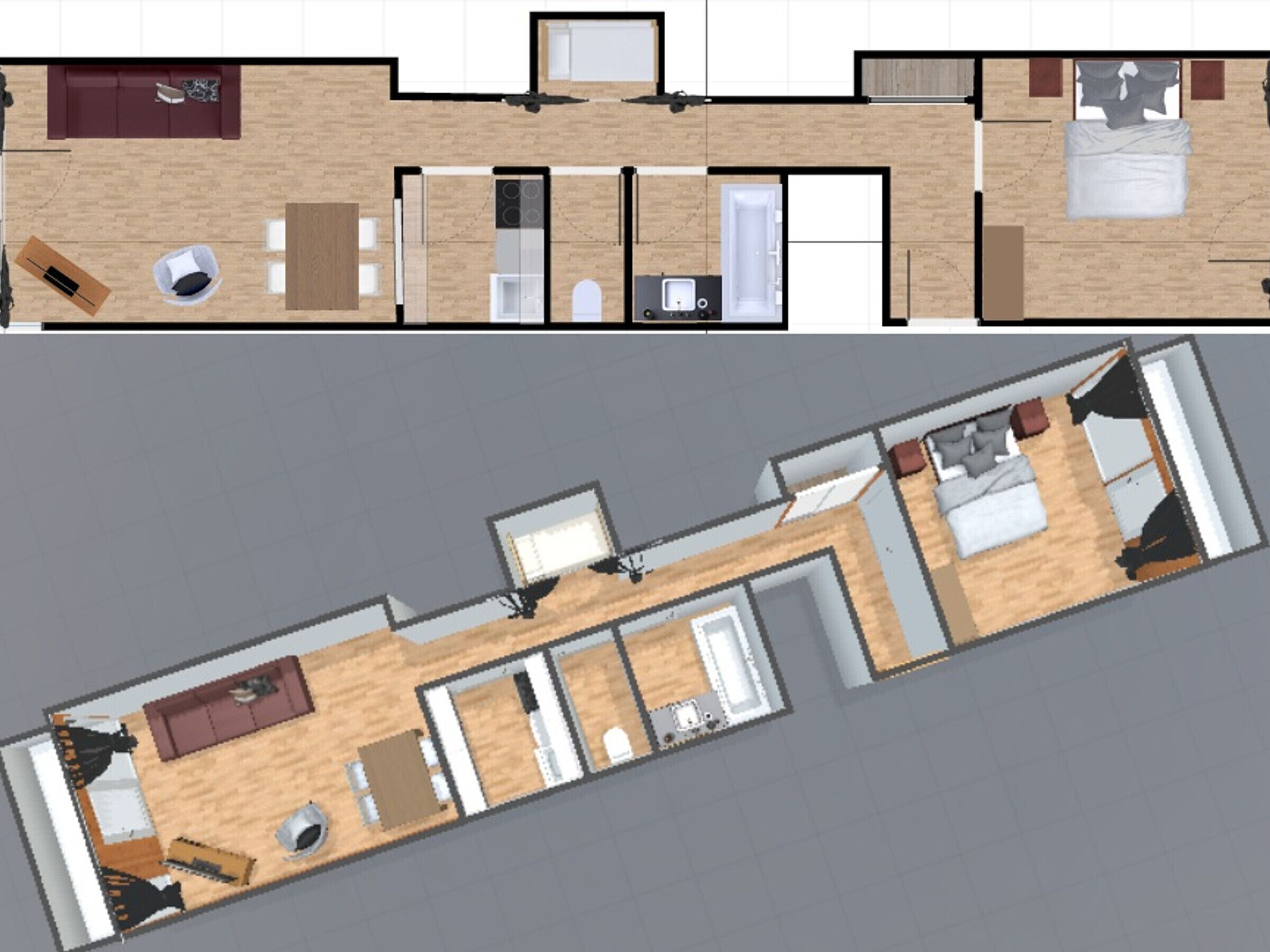 Un plan d’étage en 2D d’un hôtel comprenant une cuisine, un coin repas, un salon et deux chambres.