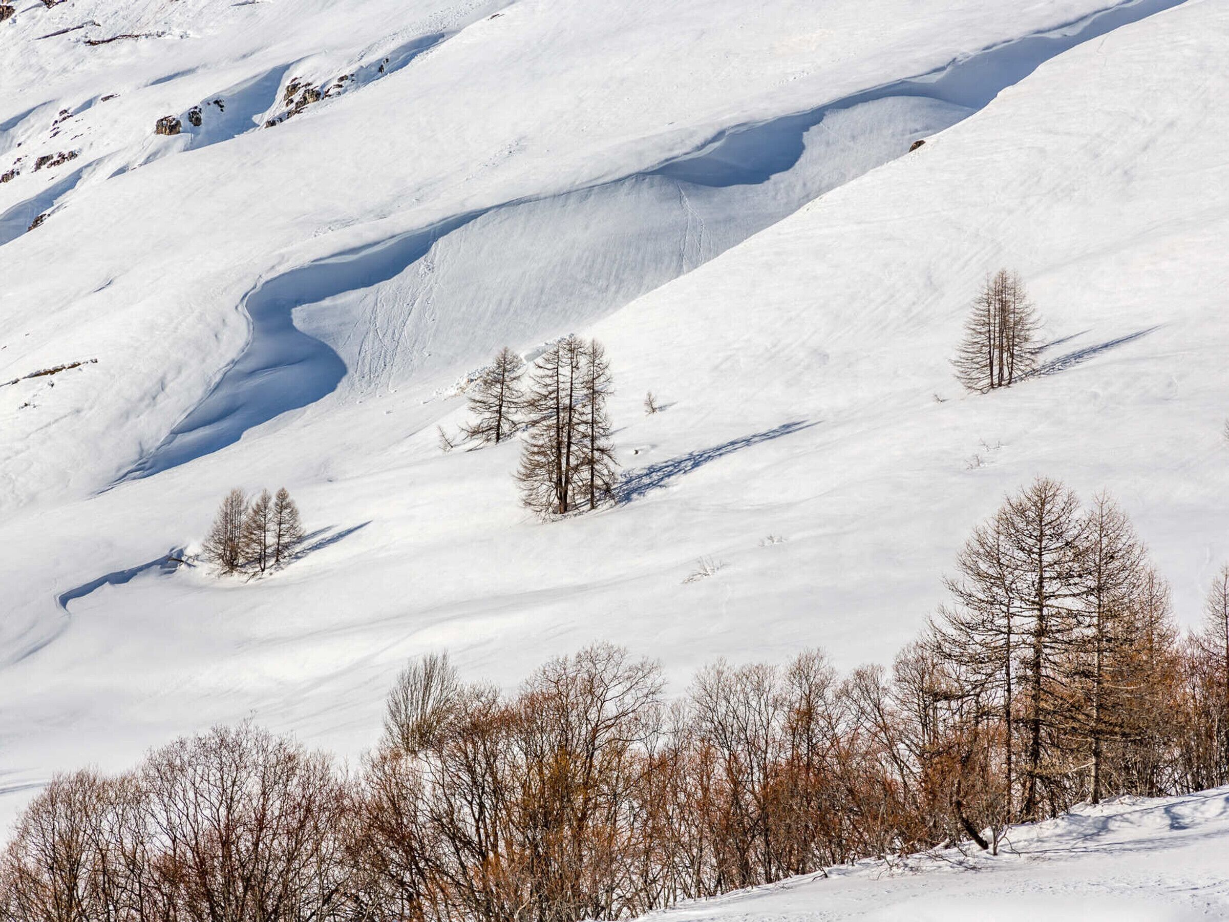 A snow-covered mountain landscape with a winding stream and leafless trees.