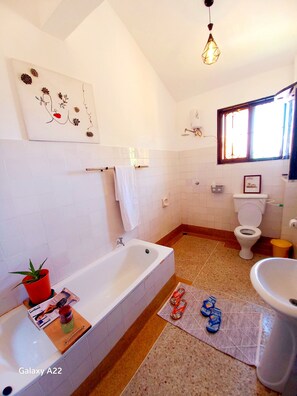 Bathtub, hair dryer, towels, soap