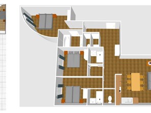 A floor plan of a hotel room with a bed, a desk, a chair, a bathroom, and a dining area. - Luxurious 3BR Apartment with Fireplace, Balcony & Mountain Views in Val-d'Isère (Val-d'Isère)