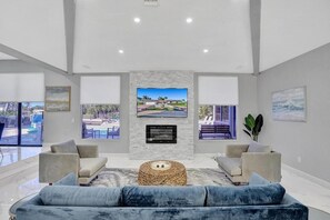 Smart TV, fireplace, table football