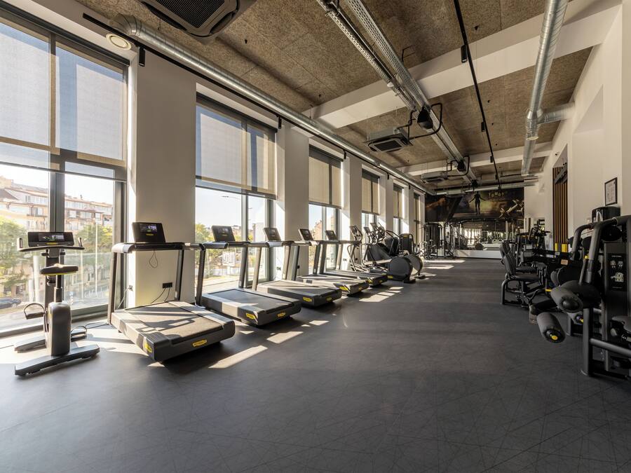 A gym with treadmills, exercise bikes, and weight machines. Large windows provide natural light and views of the outside.