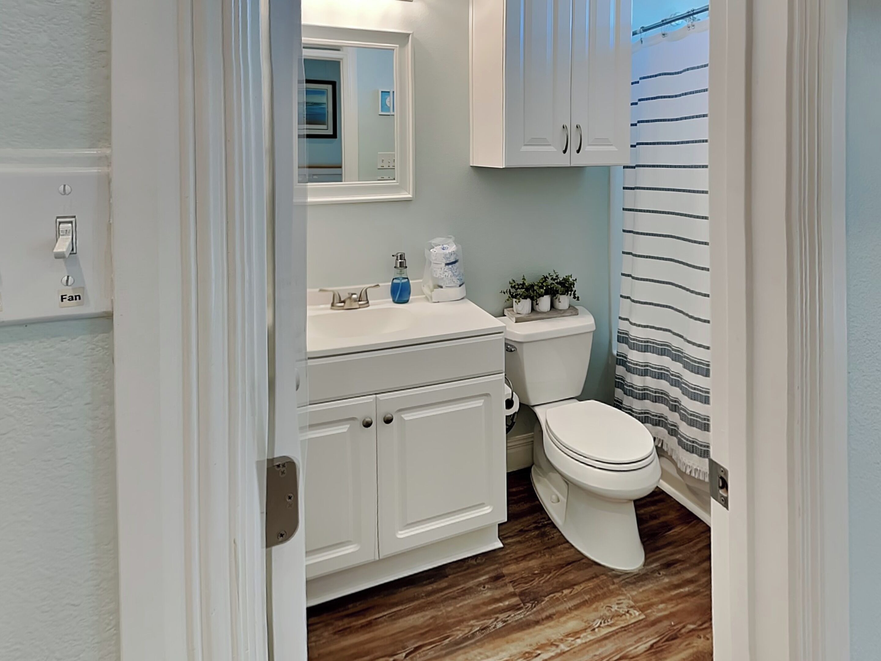 Un bagno con un mobile lavabo bianco, un water e una tenda per la doccia.