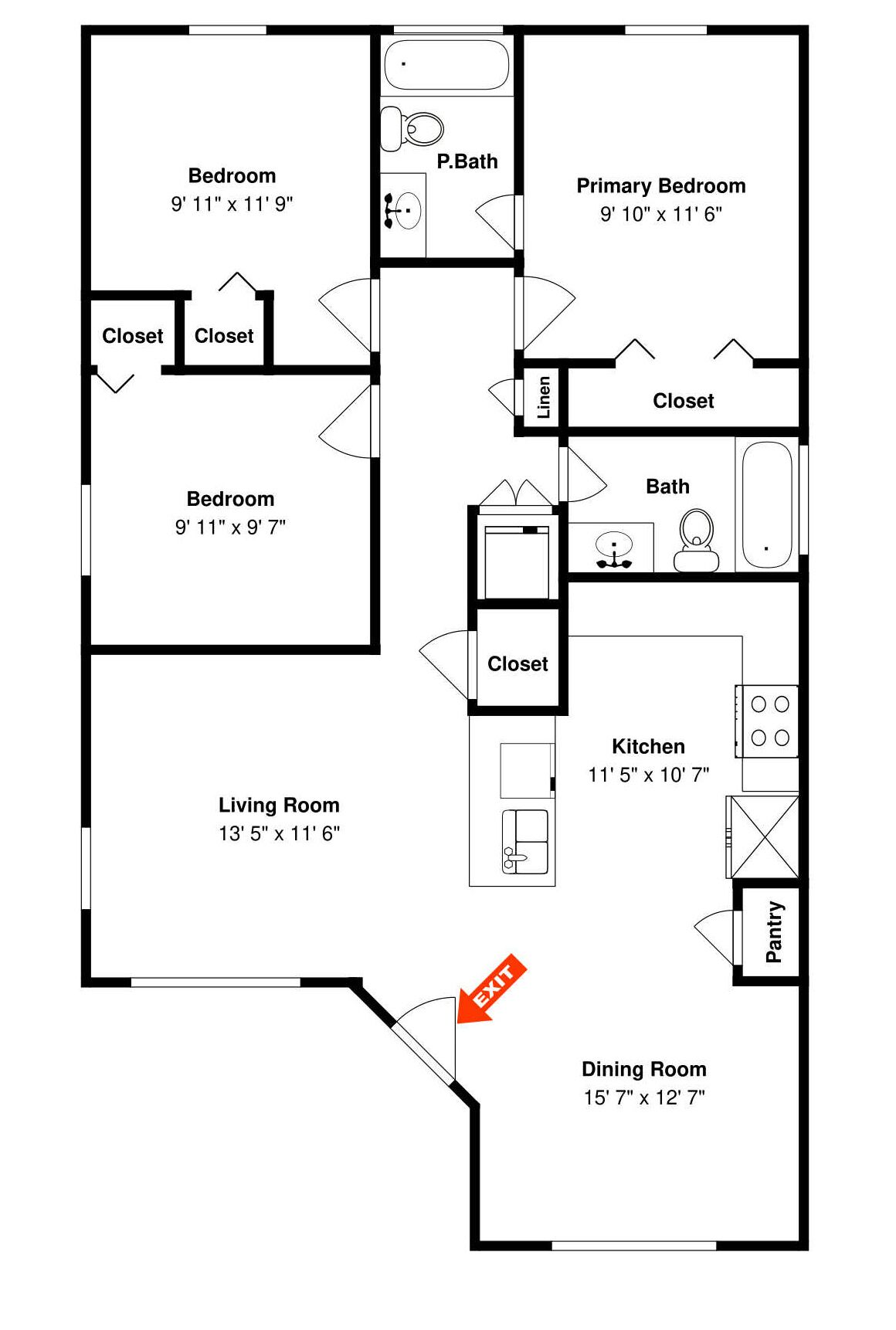 Plano de planta que muestra un dormitorio, baño, sala de estar, cocina, comedor y una salida.
