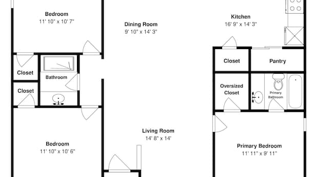 A floor plan with two bedrooms, a dining room, kitchen, living room, and a primary bedroom. - Coastal Soul by Miss Kitty’s (Aransas Pass)