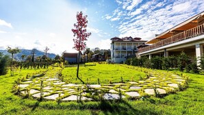 Pátio de hotel com caminho de pedra, gramado verde exuberante e uma árvore vermelha.