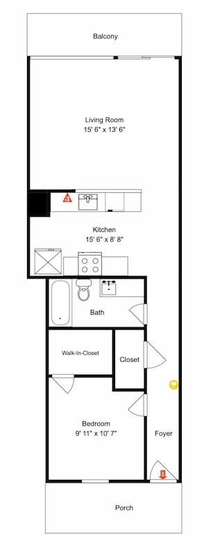 A floor plan of a house with a balcony, living room, kitchen, bathroom, walk-in closet, closet, bedroom, foyer, and porch. - Laguna Reef 308 - Beautiful Bay View by Ryson Vacation Rentals (Rockport)