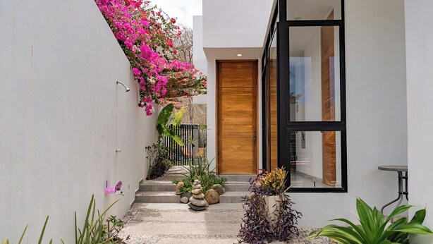Une entrée moderne avec une porte en bois, un chemin en pierre et divers pots de plantes.
