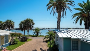 A coastal property with a gravel driveway leading to a house with a metal roof, surrounded by palm trees and a view of the sea.