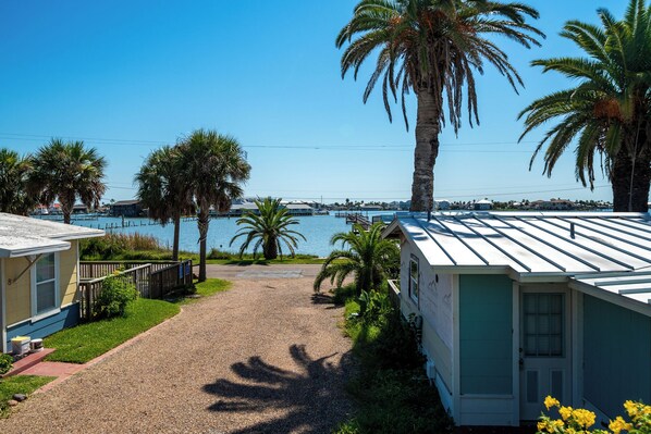 A coastal property with a gravel driveway leading to a house with a metal roof, surrounded by palm trees and a view of the sea.
