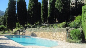 Une piscine aux bords recouverts de pierres, entourée de verdure et d’arbres imposants.