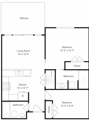 A floor plan with a balcony, living room, kitchen, two bedrooms, two bathrooms, and a closet. - Emerald 705 by Ryson Vacation Rentals (Galveston)