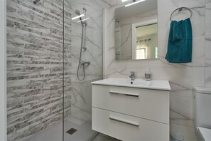Douche, séchoir à cheveux, serviettes fournies