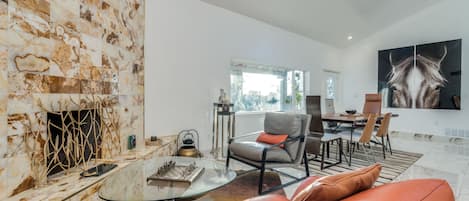 Smart TV, fireplace, stereo, printers