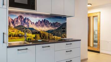 Frigorifero, microonde, piano cottura, lavastoviglie