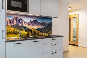 Kühlschrank, Mikrowelle, Herdplatte, Geschirrspüler
