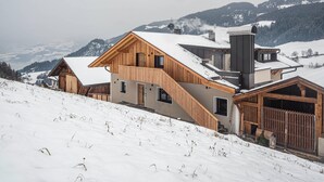 A wooden chalet with a sloped roof, a chimney, and a view of snow-covered mountains. - Holiday Apartment "Planerhof Apartment Lilie" with Mountain View, Shared Terrace and Wi-Fi (Funes)