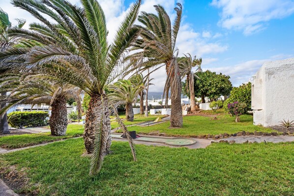 A landscaped area with palm trees, a pathway, and a white building.