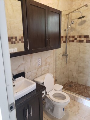 Dusj, hårføner, håndklær og toalettpapir