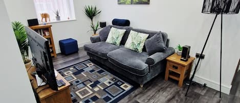 A living room with a grey sofa, a TV on a wooden stand, a patterned rug, and a painting of a forest.