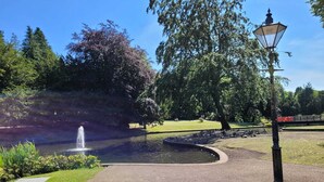A park with a pond, a fountain, and a lamp post.