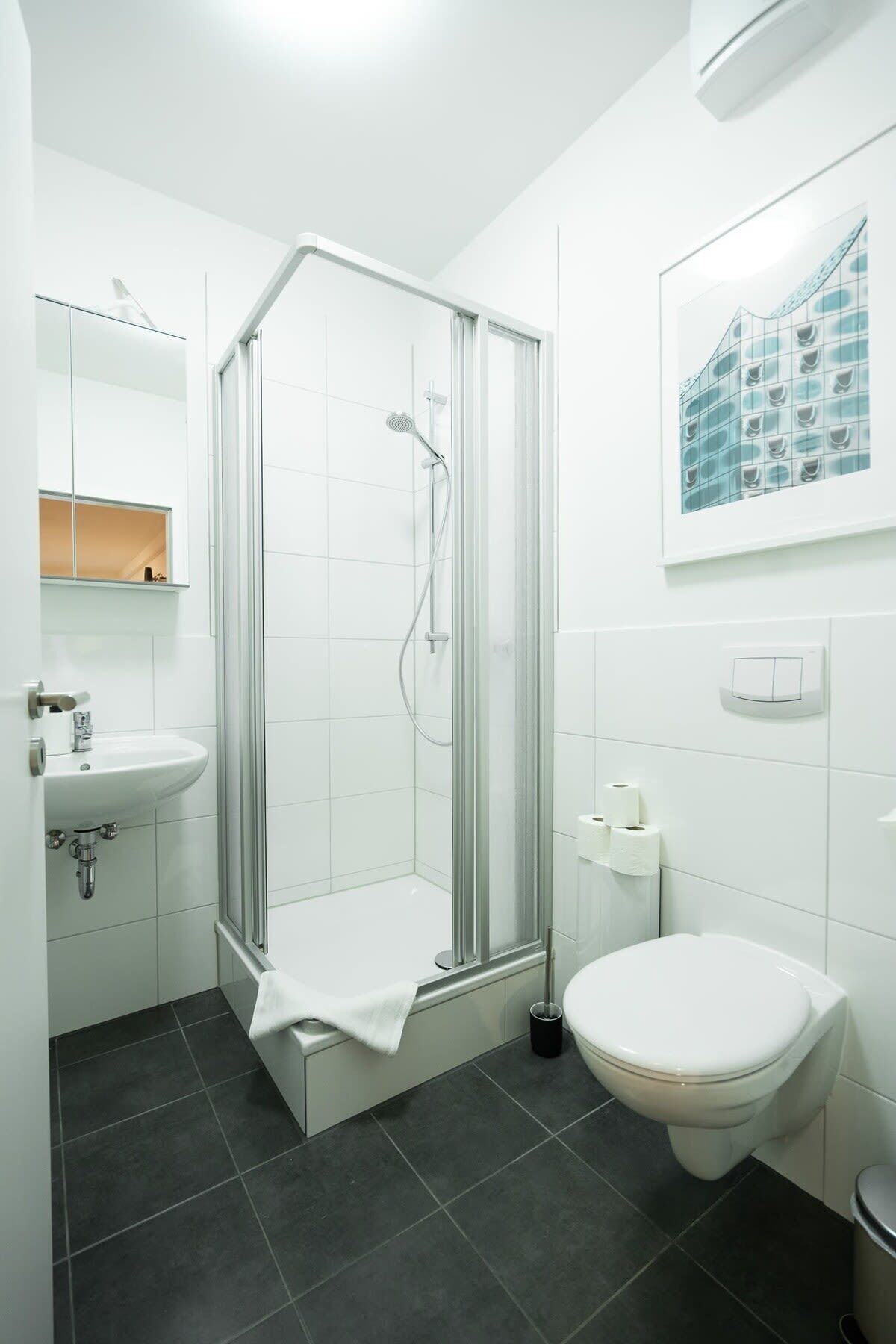 Dusche, Haartrockner, Handtücher, Shampoo