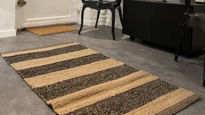 A modern interior with a striped rug, a black chair, and a large mirror. - Studio 25 m² Côté Parc des Contades (Strasbourg)