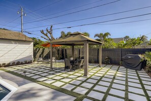 A backyard with a covered patio, a grill, and a swimming pool.