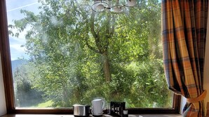 Ein Essbereich mit Tisch für vier Personen, einem Fenster mit Blick auf Bäume und einem karierten Vorhang.
