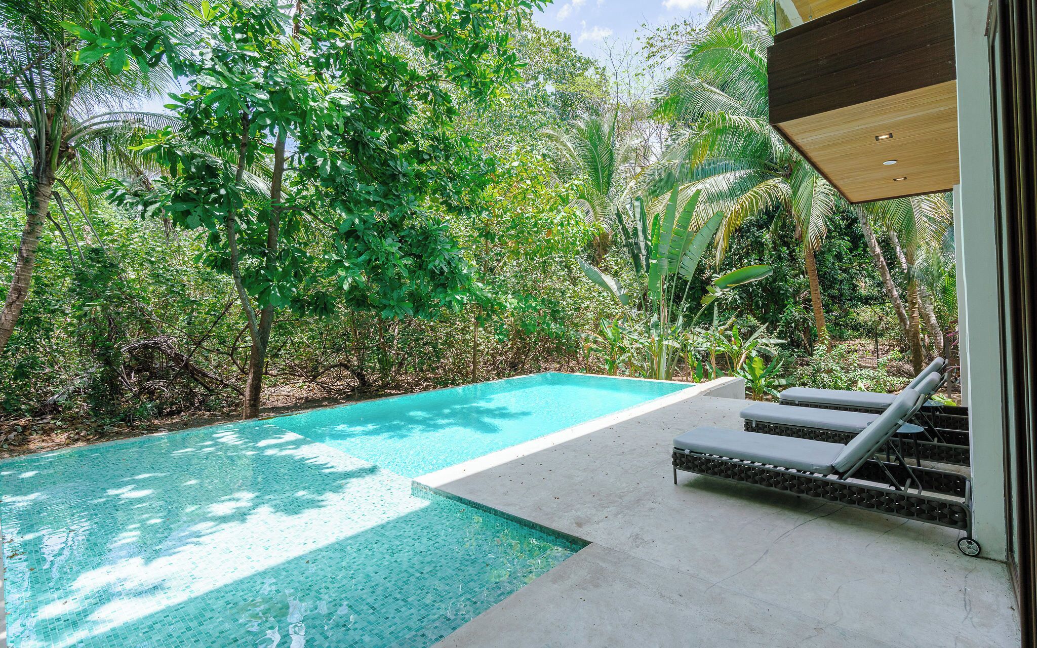 A swimming pool with a tiled edge, surrounded by lush greenery and a lounge chair.