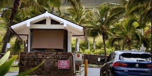 Mauna Old Estates features a stone facade with a partially open shutter, surrounded by lush palm trees in a quiet residential area.