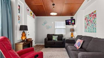 Smart TV, fireplace, DVD player, books