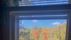 Ein Fenster mit Blick auf einen See, der von Bäumen mit Herbstlaub umgeben ist.