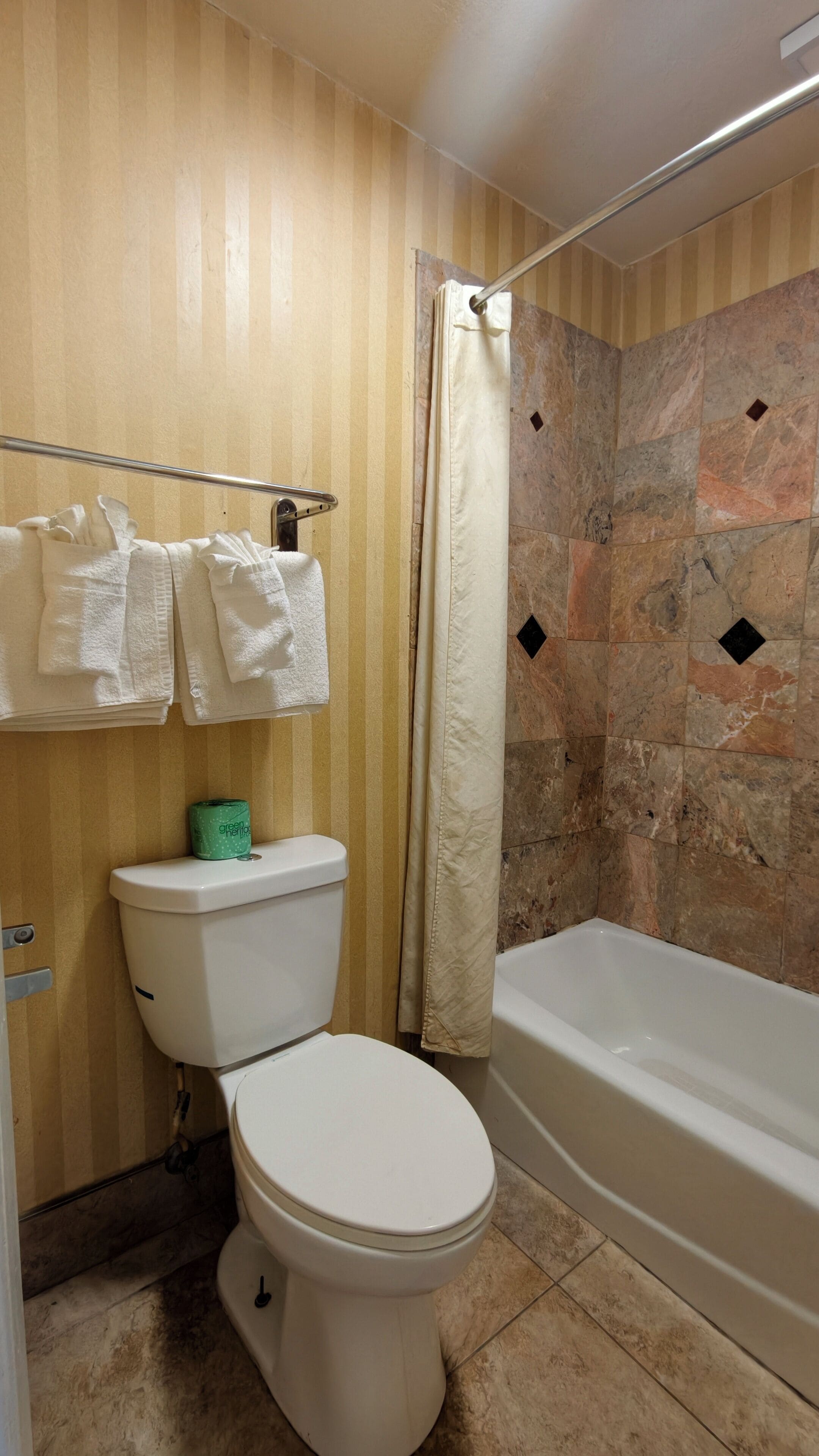 A bathroom with a toilet, a green bottle, a bathtub, and a shower curtain.