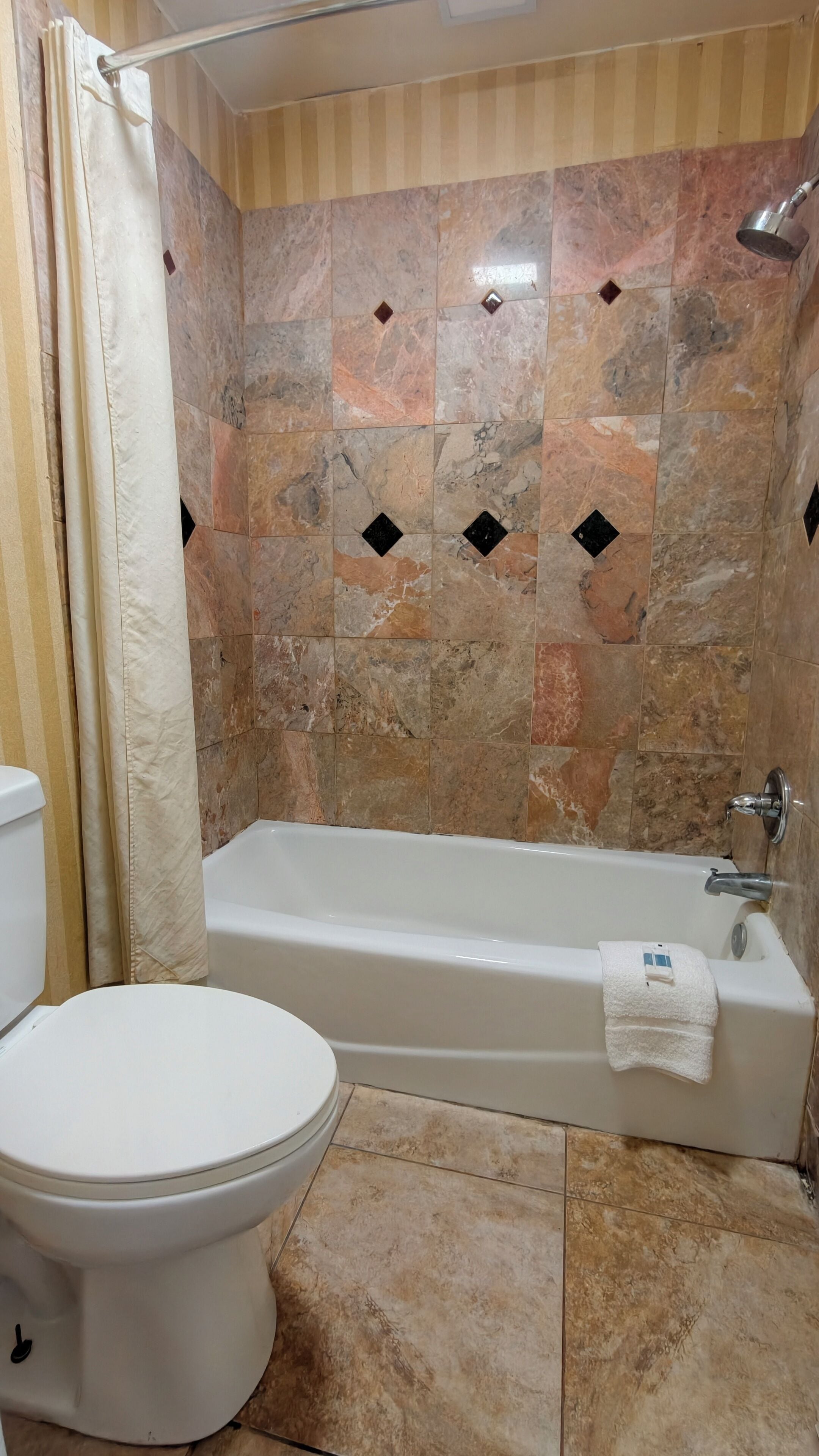 A bathroom with a bathtub, toilet, and shower.