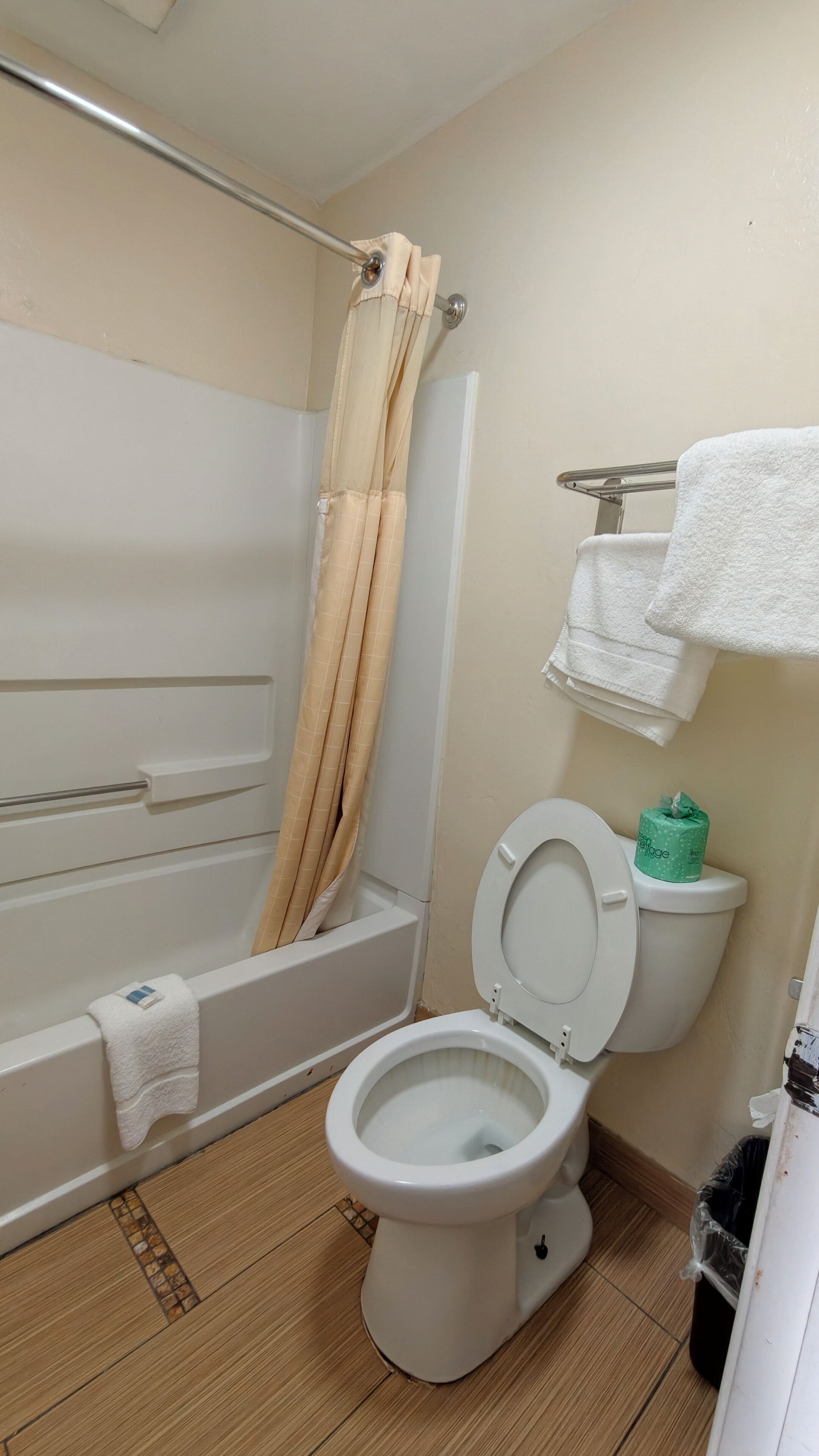 A bathroom with a bathtub, toilet, and shower curtain.