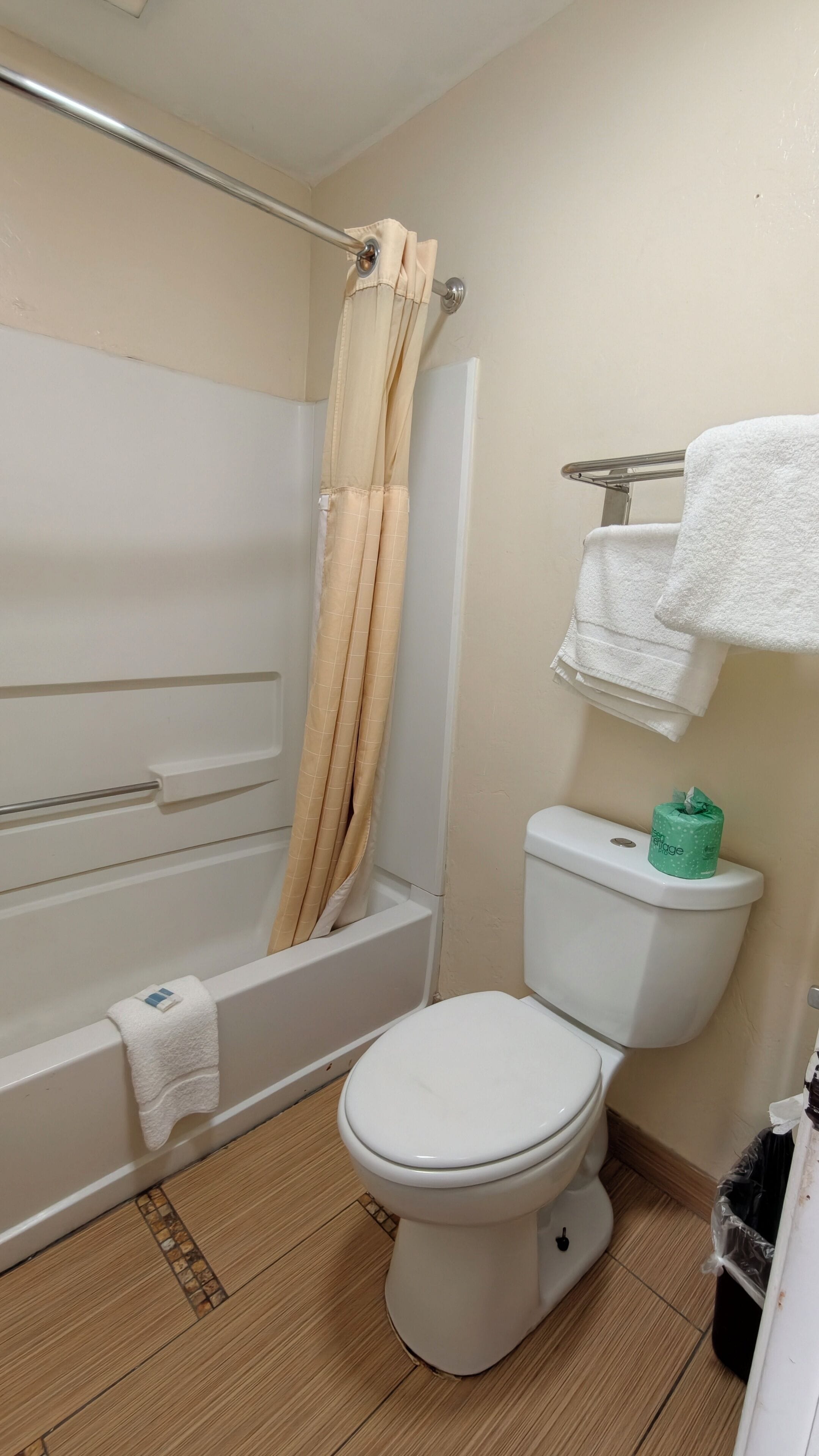 A bathroom with a bathtub, toilet, and shower curtain.