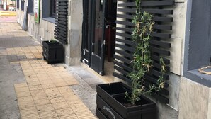 A building with a black awning, a black planter with a plant, and a tiled sidewalk. - Hotel Alcázar  (Piriapolis)