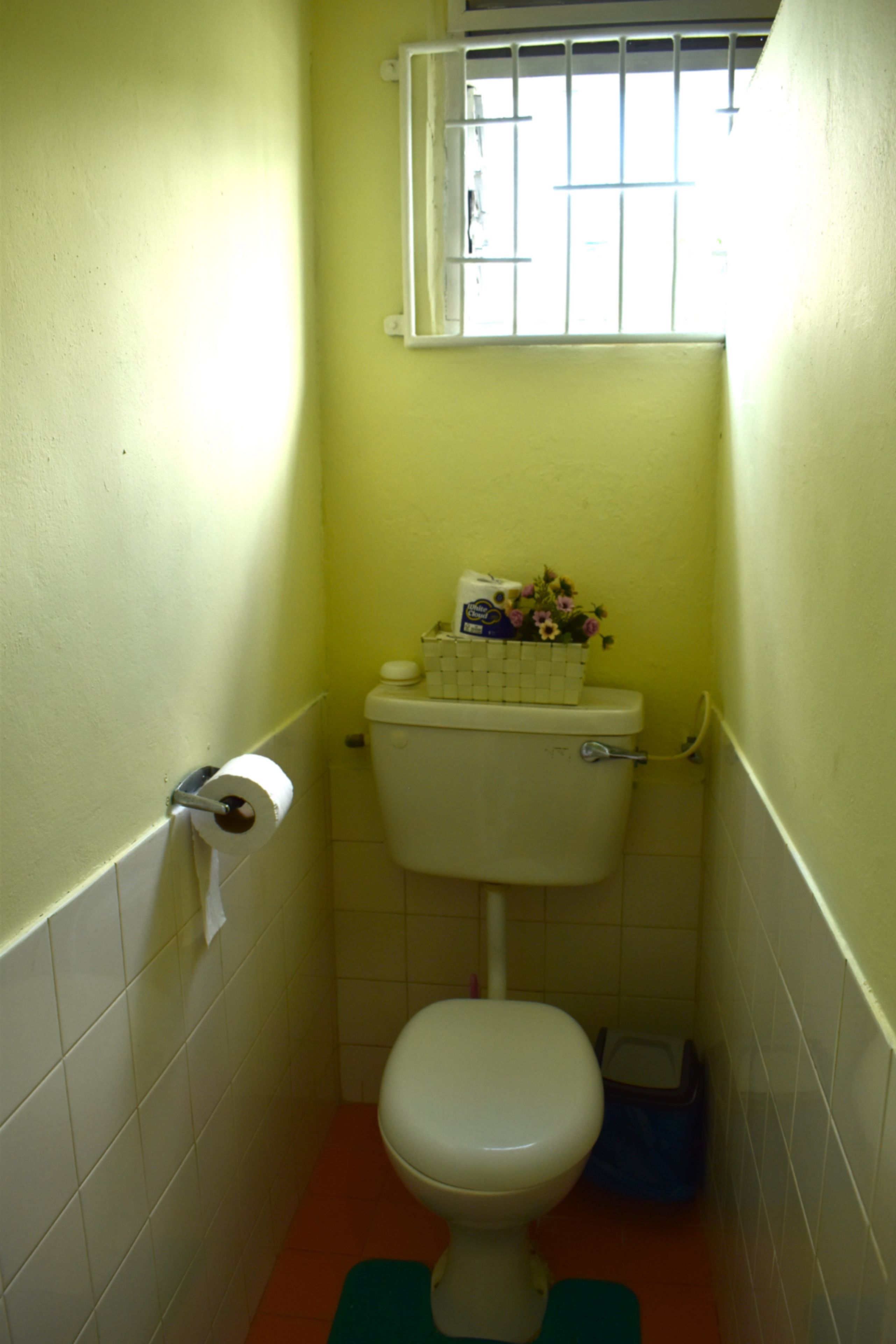 A small bathroom with a toilet, a roll of toilet paper, a flower vase, and a window with bars.